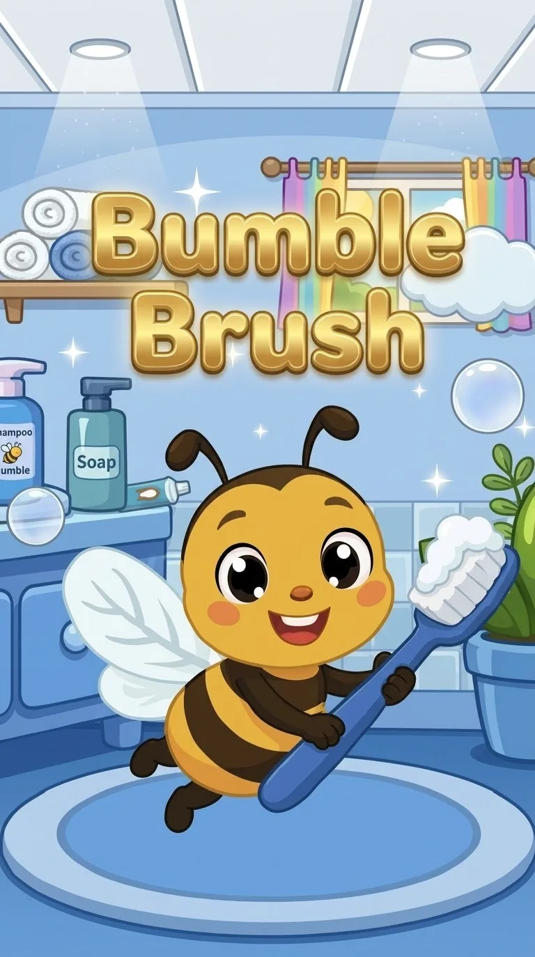 Bumble the bee holding a toothbrush in a blue bathroom, under the words Bumble Brush